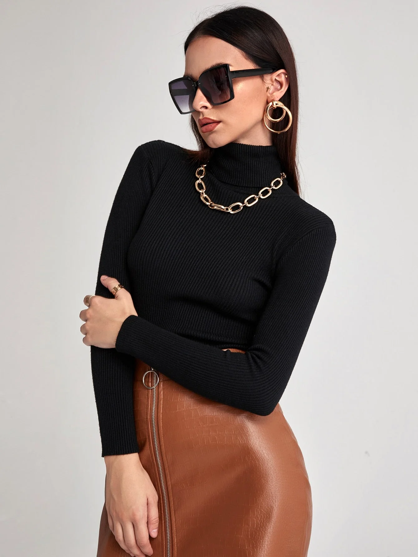 SHEIN BIZwear Turtleneck Ribbed Knit Sweater Workwear - Image 8