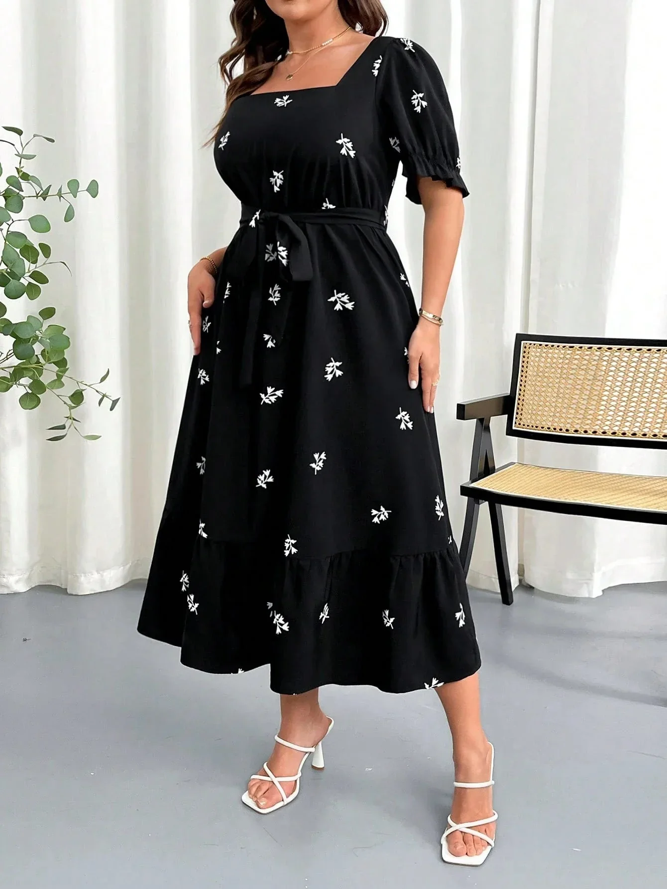 SHEIN Clasi Women Plus Size Summer Floral Print Square Neck Elastic Waist Puff Sleeve Dress - Image 3