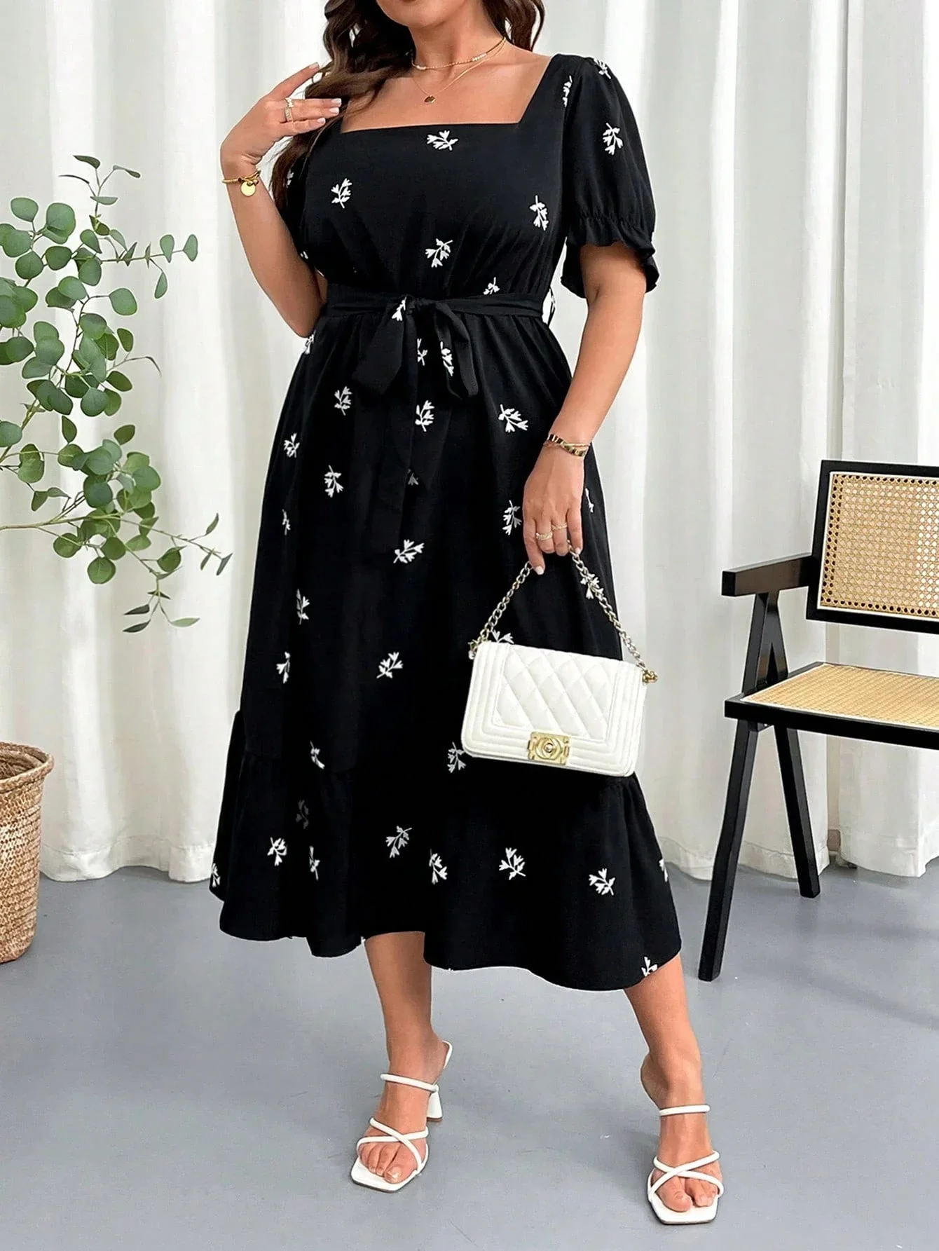 SHEIN Clasi Women Plus Size Summer Floral Print Square Neck Elastic Waist Puff Sleeve Dress - Image 4