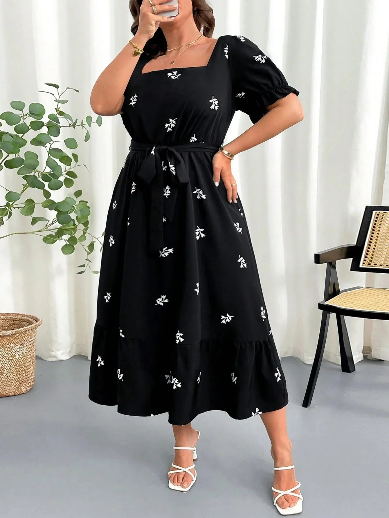 SHEIN Clasi Women Plus Size Summer Floral Print Square Neck Elastic Waist Puff Sleeve Dress - Image 5