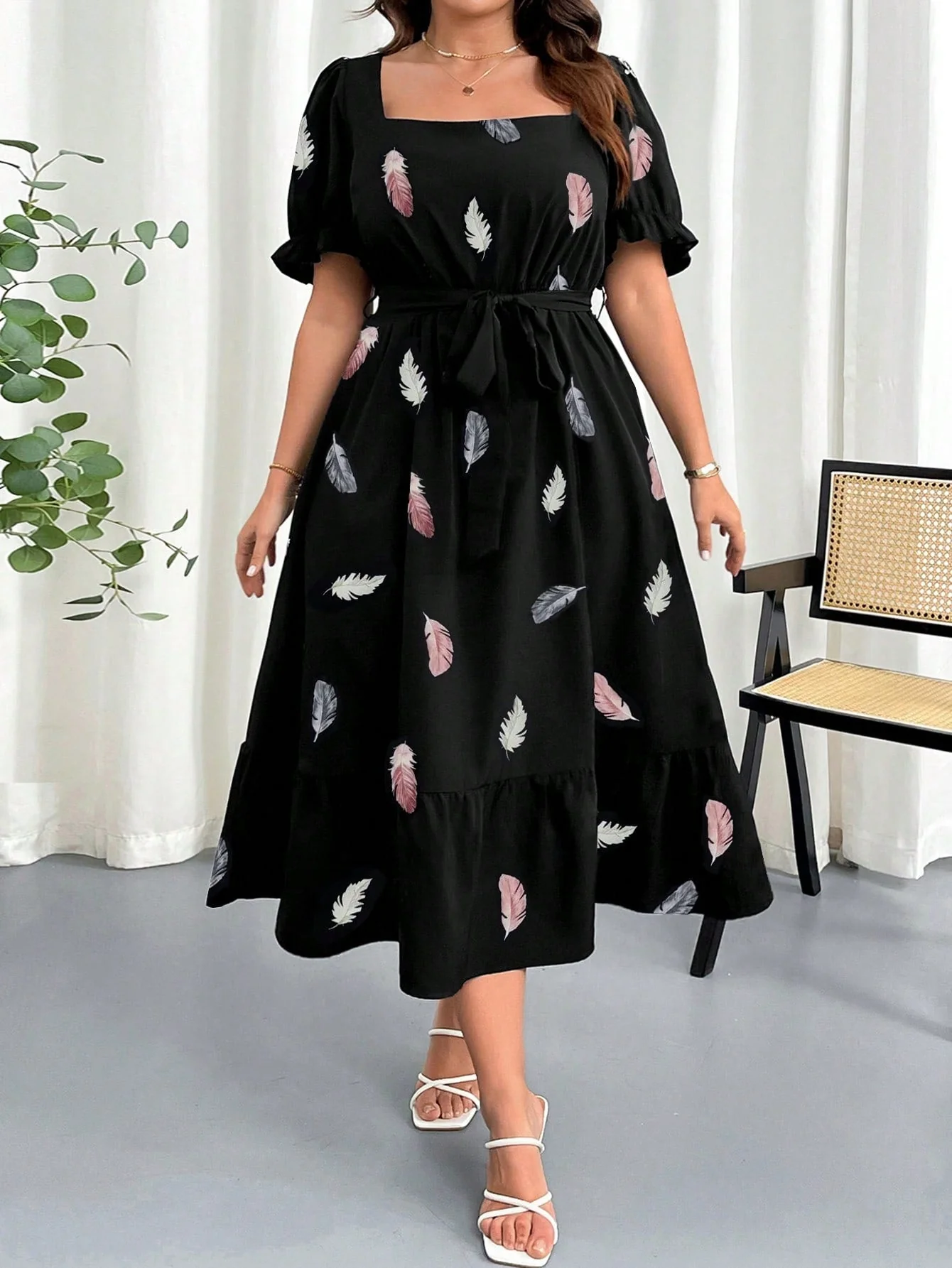 SHEIN Clasi Women Plus Size Summer Floral Print Square Neck Elastic Waist Puff Sleeve Dress - Image 7