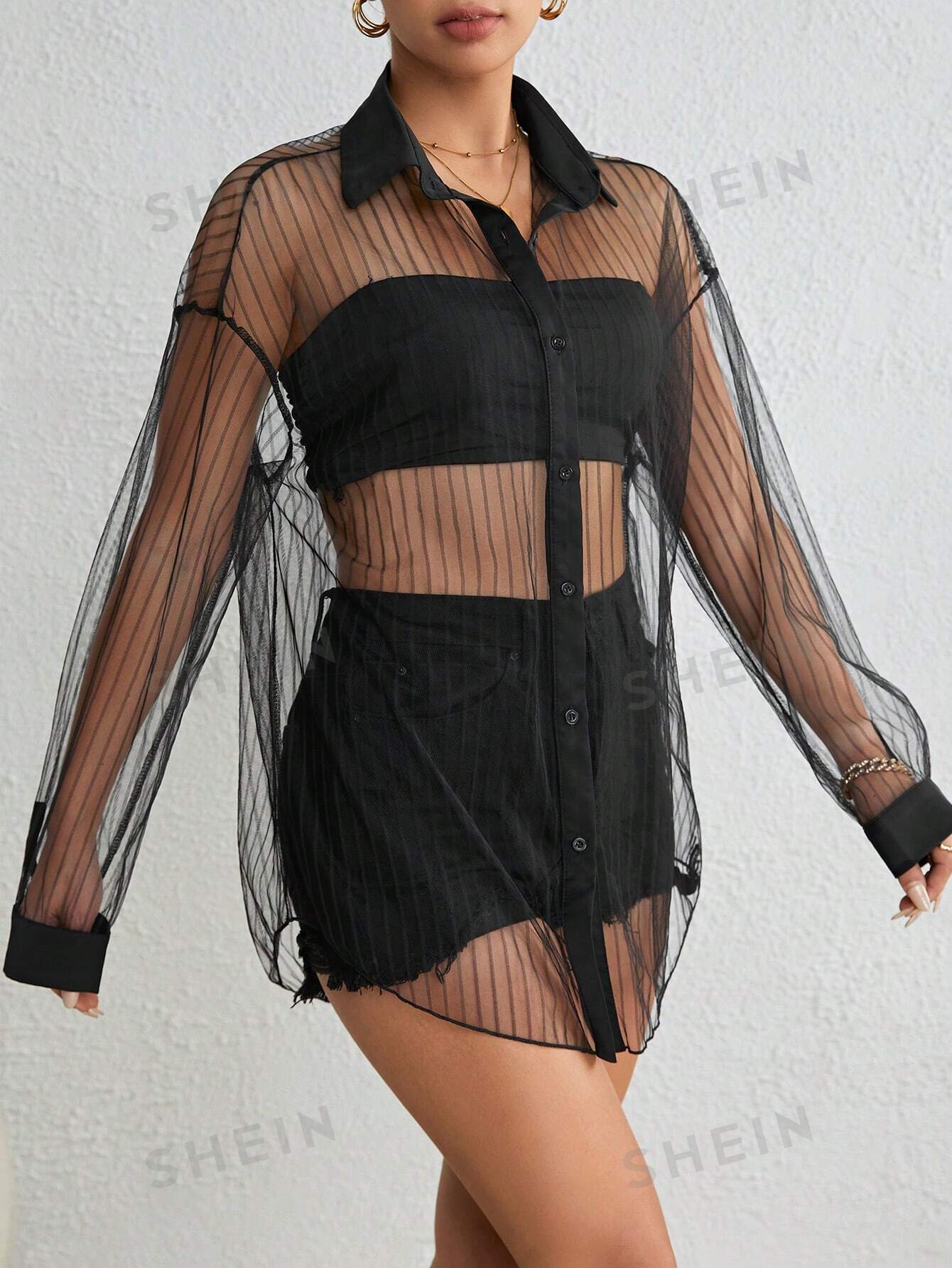 SHEIN Essnce Drop Shoulder Button Front Mesh Shirt Without Tube Top - Image 4