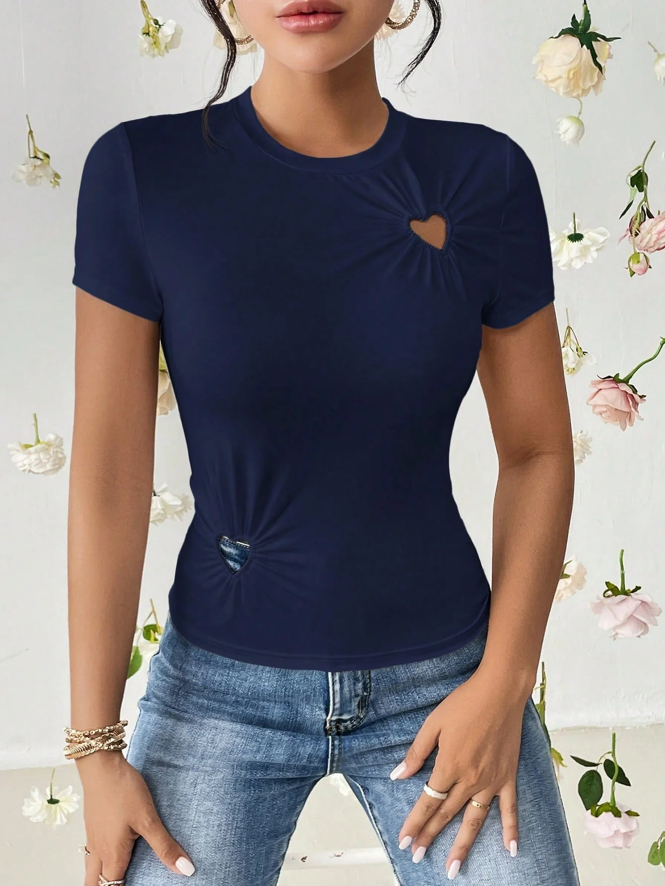 SHEIN Essnce Heart Cut Out Ruched Detail Tee - Image 36