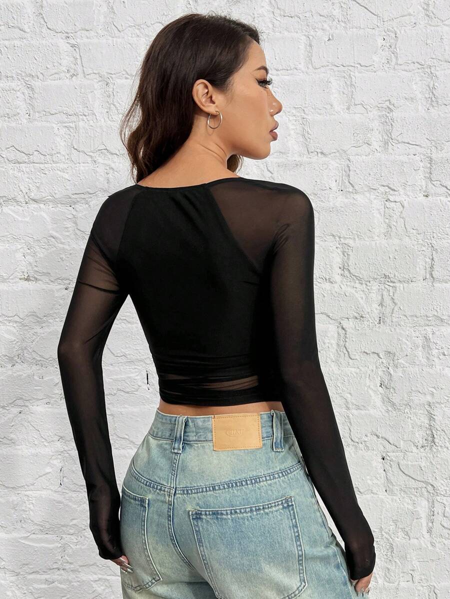 SHEIN EZwear Women's Slim Fit Black Mesh T-Shirt - Image 2
