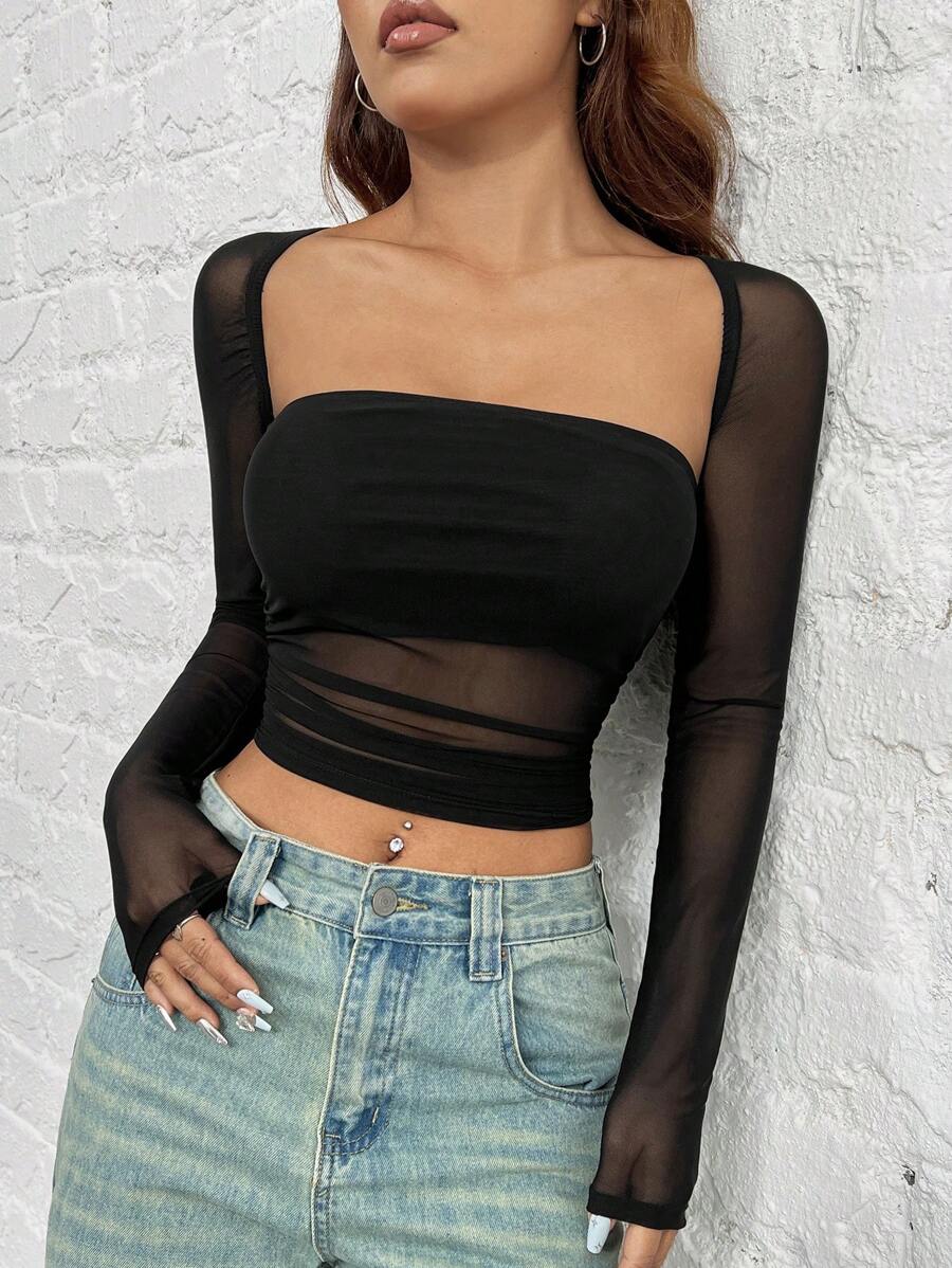SHEIN EZwear Women's Slim Fit Black Mesh T-Shirt - Image 4