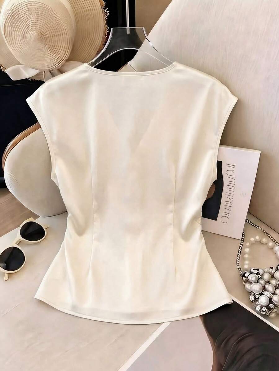 Franclia French Elegance Women's Off-White Satin Shirt,Summer V-Neck Button-Down - Image 2