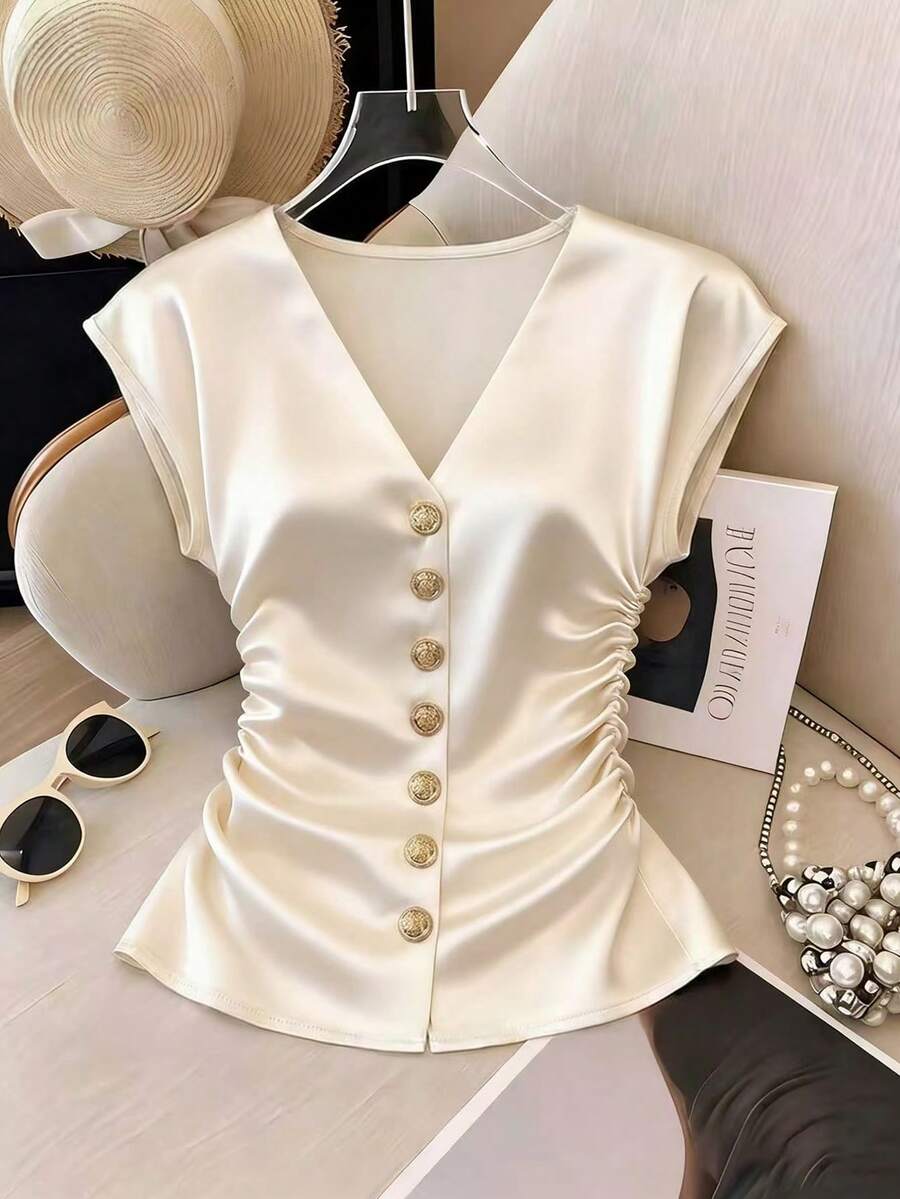 Franclia French Elegance Women's Off-White Satin Shirt,Summer V-Neck Button-Down - Image 3