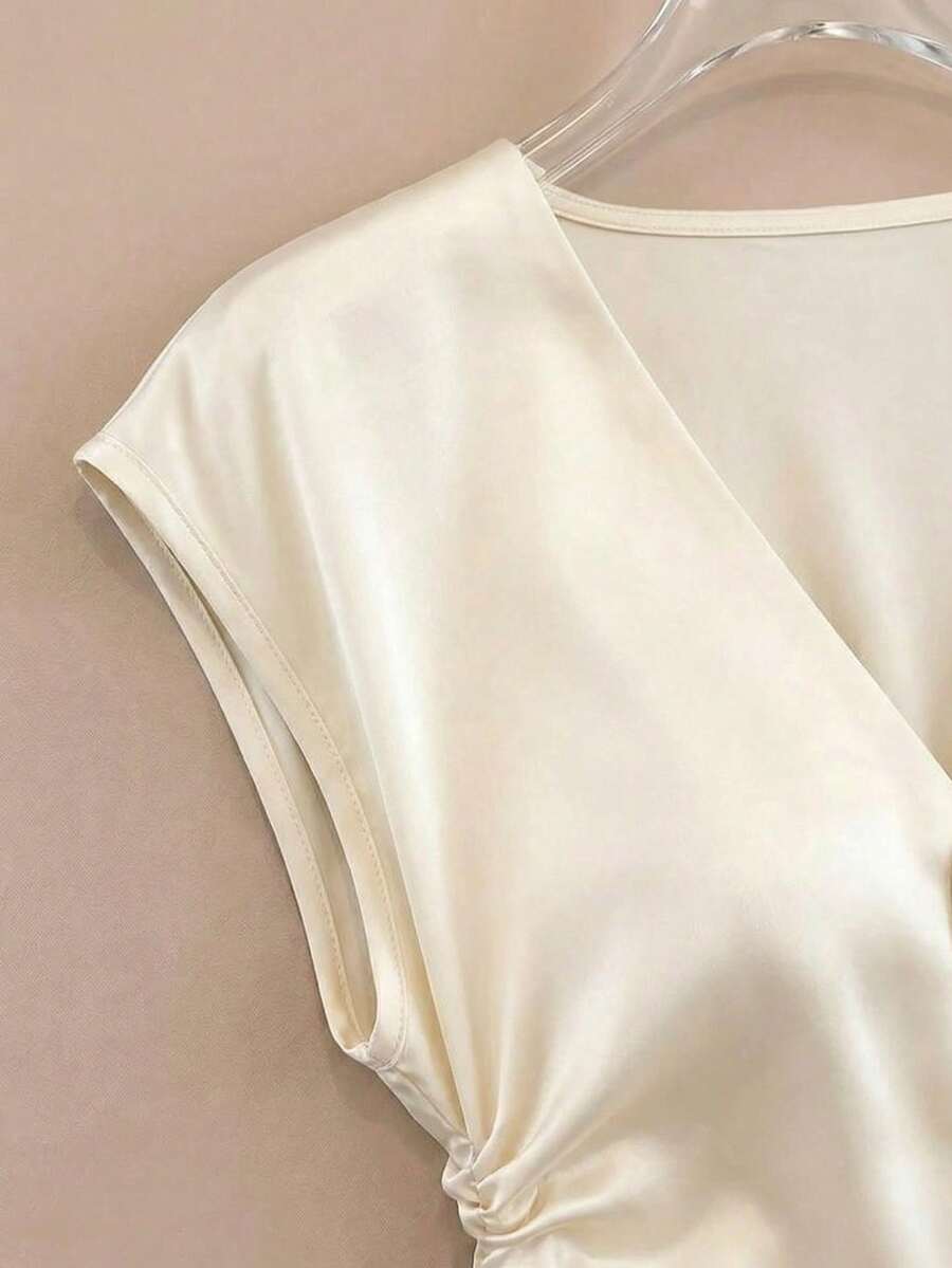 Franclia French Elegance Women's Off-White Satin Shirt,Summer V-Neck Button-Down - Image 5