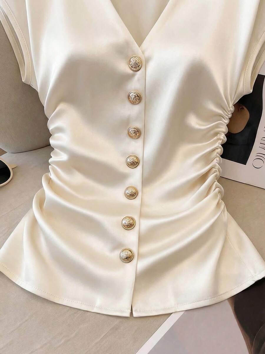 Franclia French Elegance Women's Off-White Satin Shirt,Summer V-Neck Button-Down - Image 6