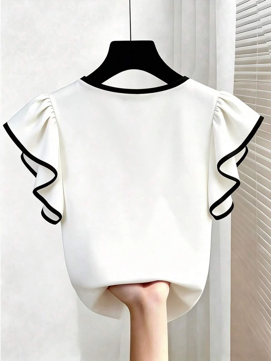 French Elegant V-Neck Black & White Contrast Ruffle Trim Short Sleeve Chiffon Blouse - Image 2