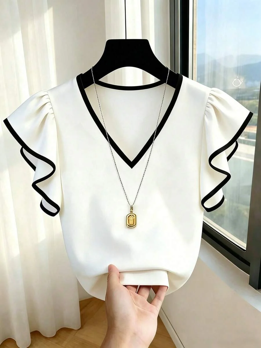 French Elegant V-Neck Black & White Contrast Ruffle Trim Short Sleeve Chiffon Blouse - Image 3