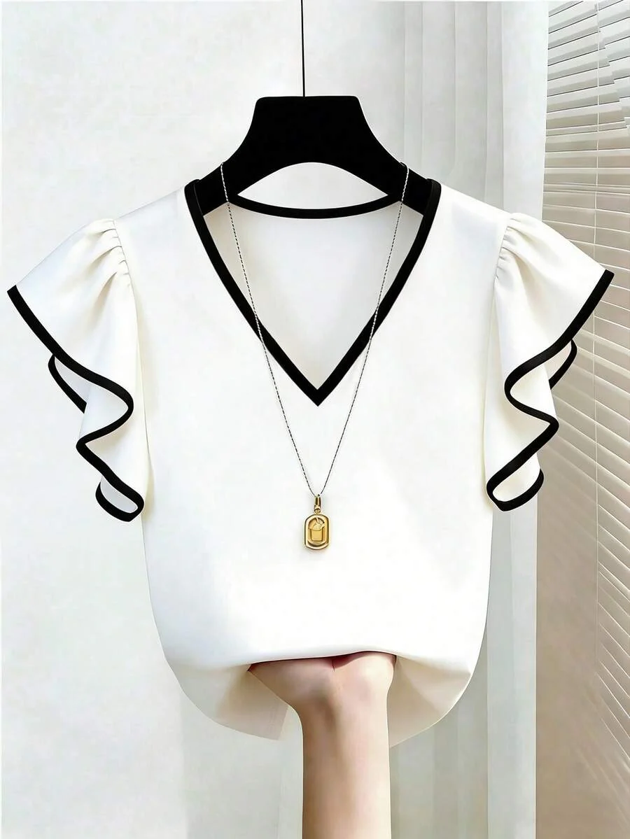 French Elegant V-Neck Black & White Contrast Ruffle Trim Short Sleeve Chiffon Blouse - Image 4