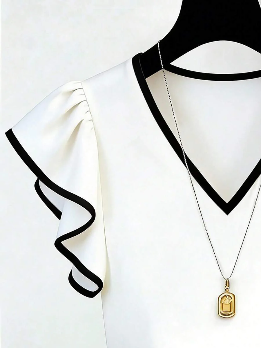 French Elegant V-Neck Black & White Contrast Ruffle Trim Short Sleeve Chiffon Blouse - Image 5
