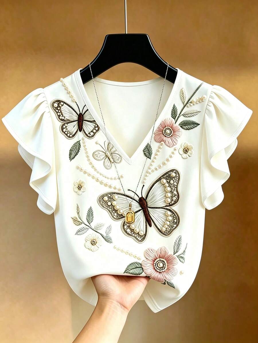 French Elegant V-Neck Black & White Contrast Ruffle Trim Short Sleeve Chiffon Blouse - Image 8