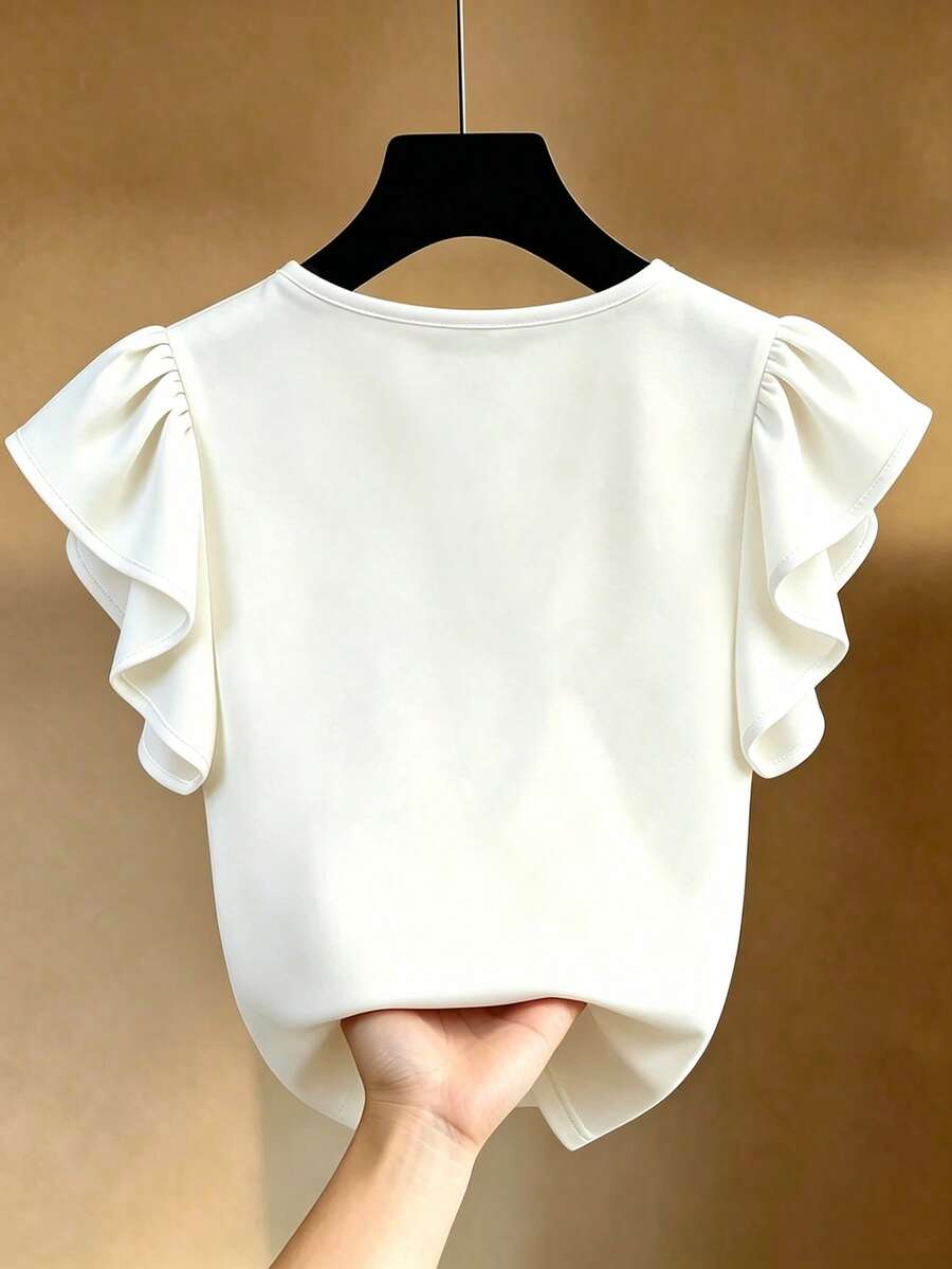 French Elegant V-Neck Black & White Contrast Ruffle Trim Short Sleeve Chiffon Blouse - Image 9