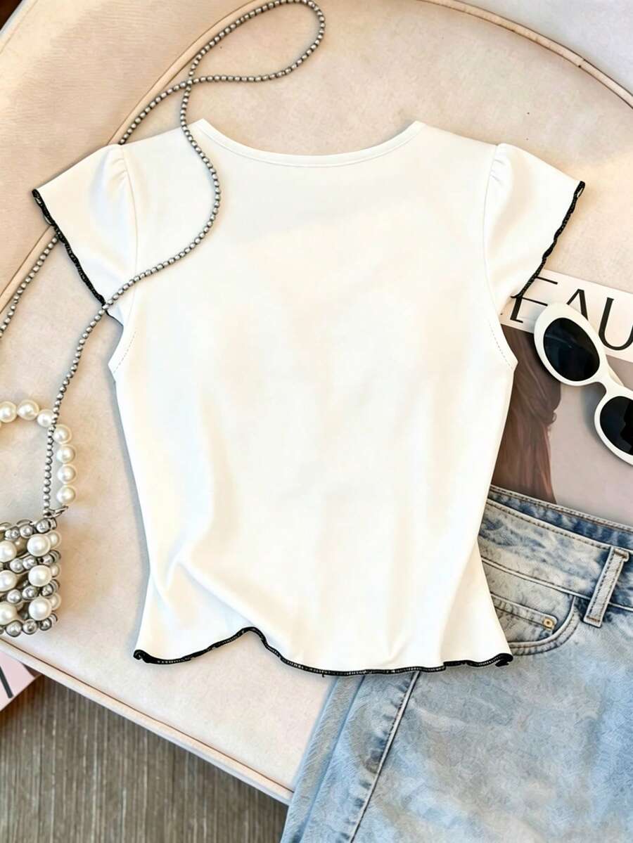 Women's Bow Tie V-Neck Blouse,White And Black Contrast Trim Slim Fit Tee - Image 2