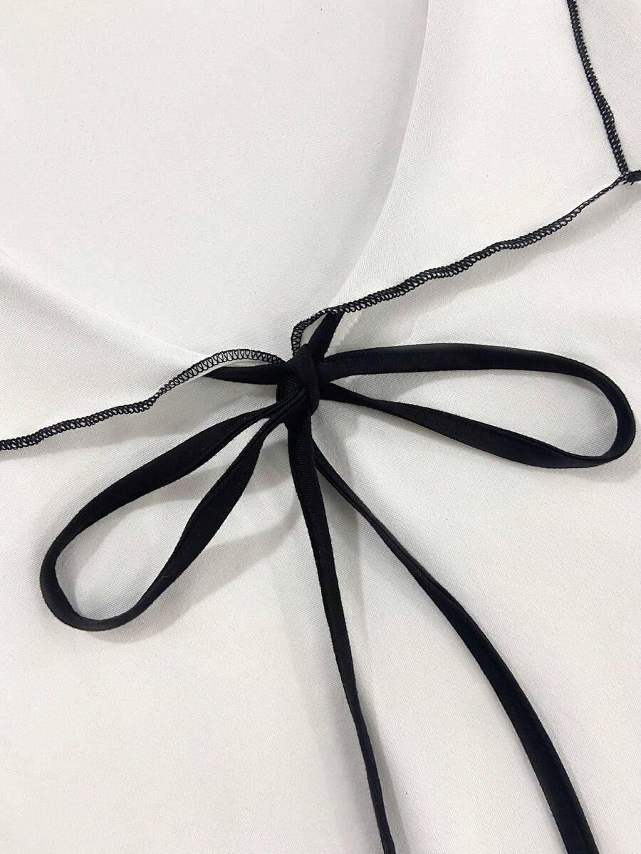 Women's Bow Tie V-Neck Blouse,White And Black Contrast Trim Slim Fit Tee - Image 3