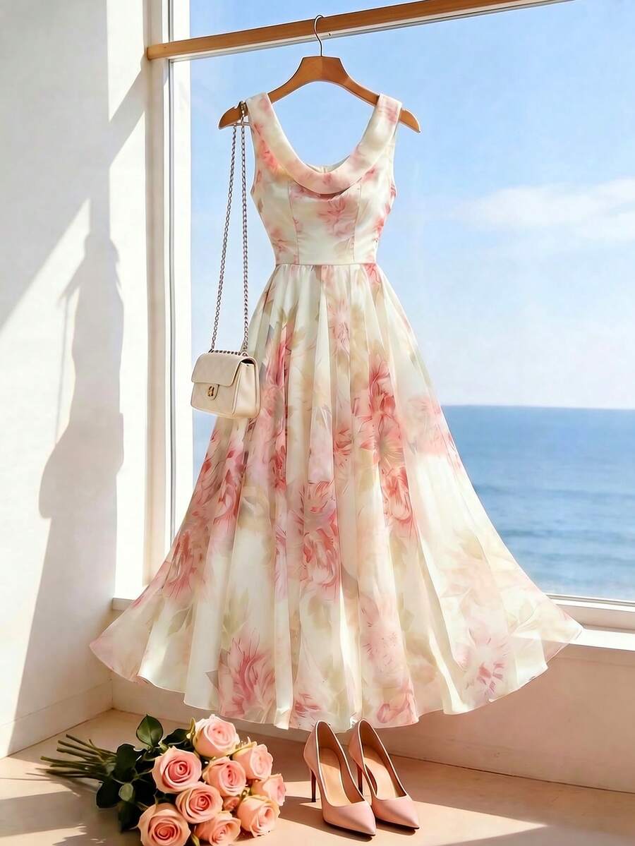 Franclia Women's Long Floral Print Dress, Thick Strap Dress - Image 3