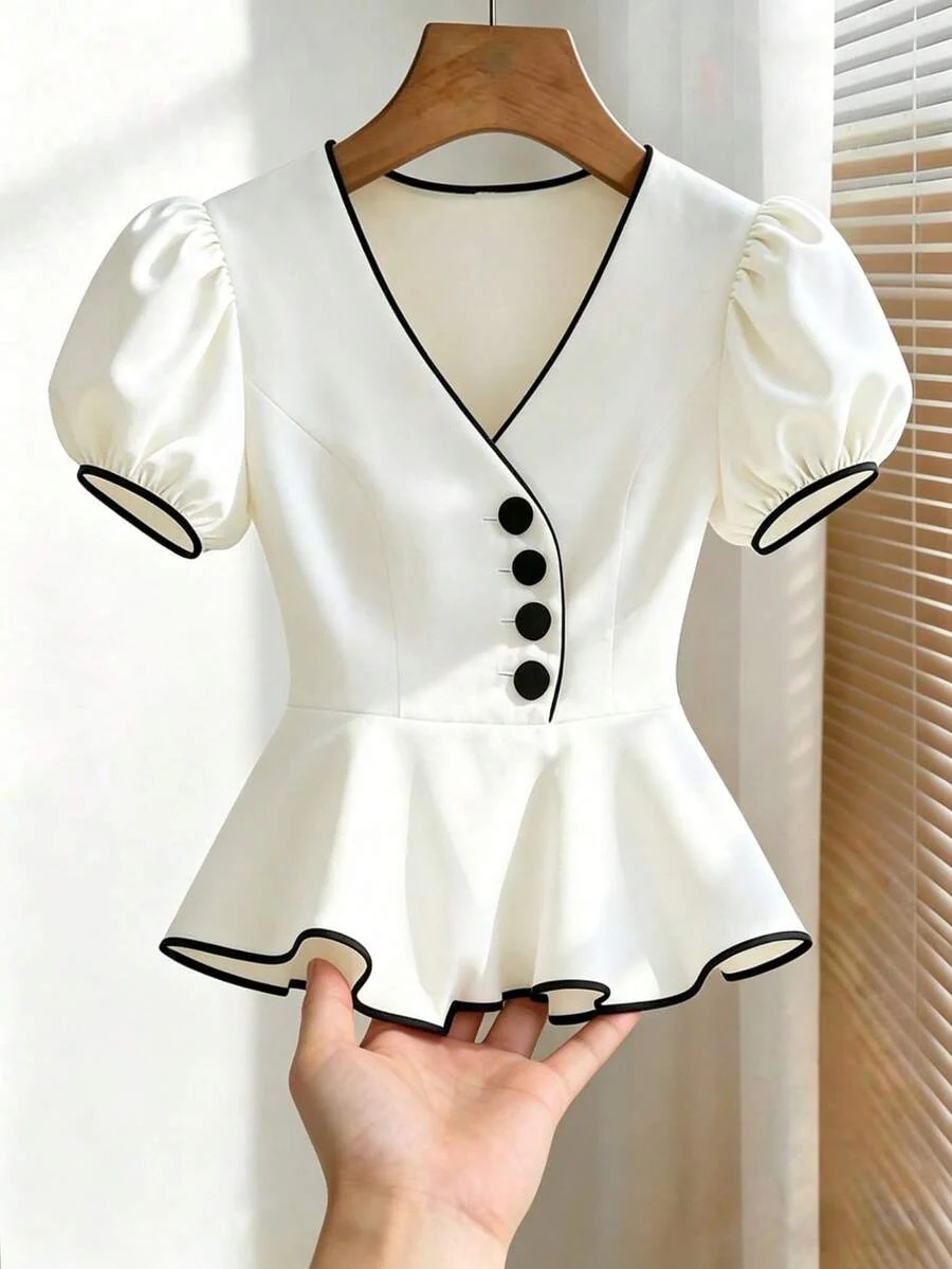 Franclia Women's Summer V-Neck Puff Sleeve Peplum Top