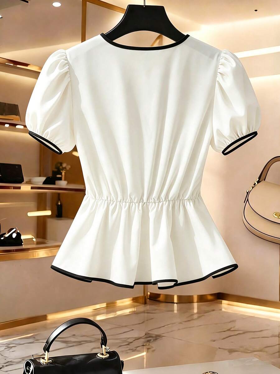 Franclia Women's Summer V-Neck Puff Sleeve Peplum Top - Image 2