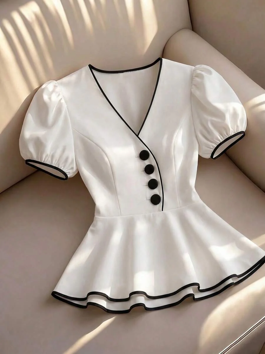 Franclia Women's Summer V-Neck Puff Sleeve Peplum Top - Image 3
