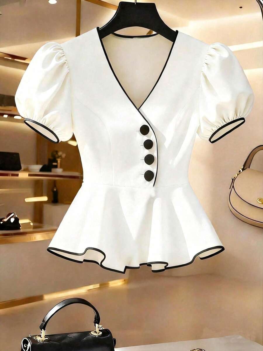 Franclia Women's Summer V-Neck Puff Sleeve Peplum Top - Image 4