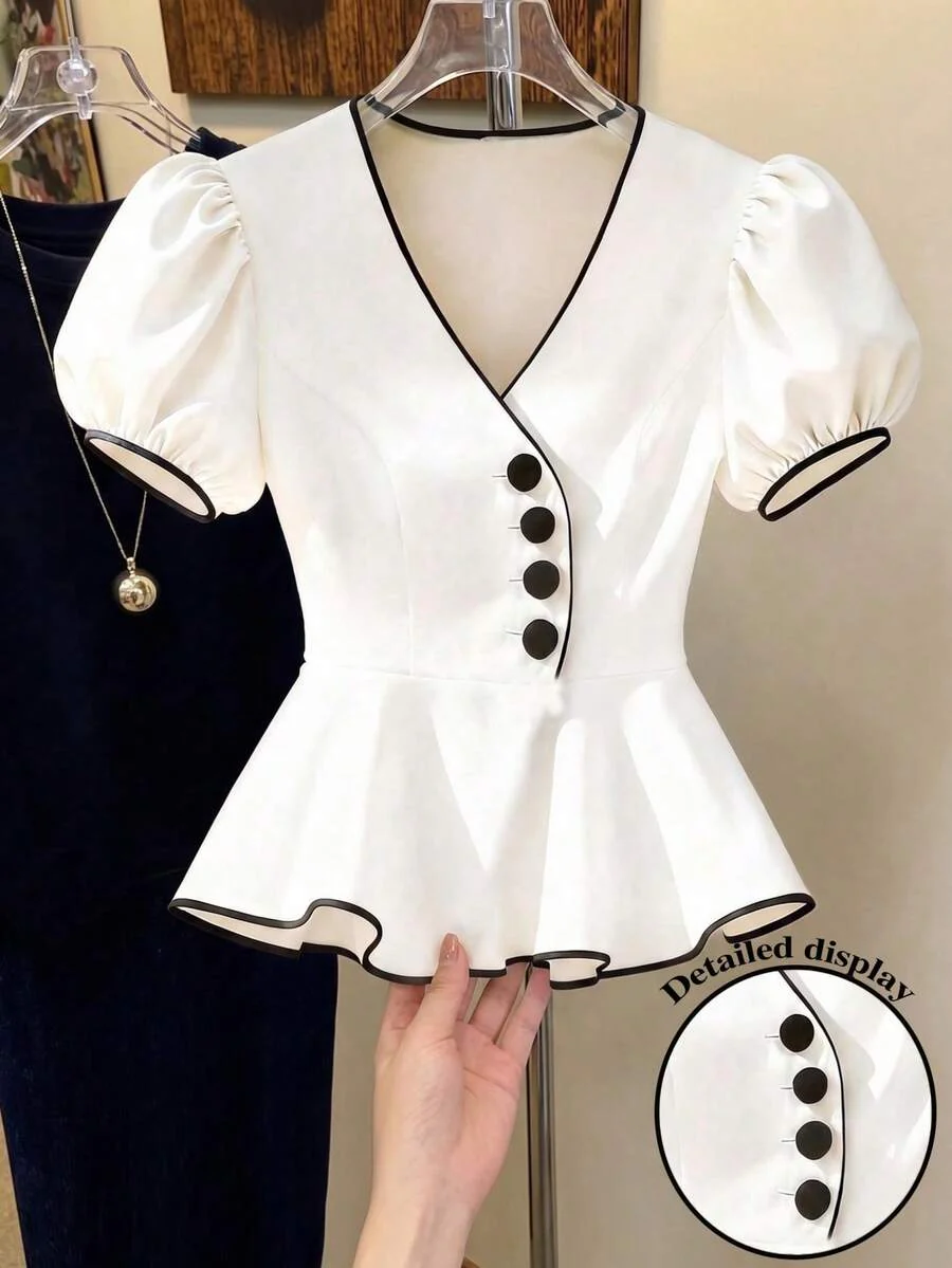 Franclia Women's Summer V-Neck Puff Sleeve Peplum Top - Image 5