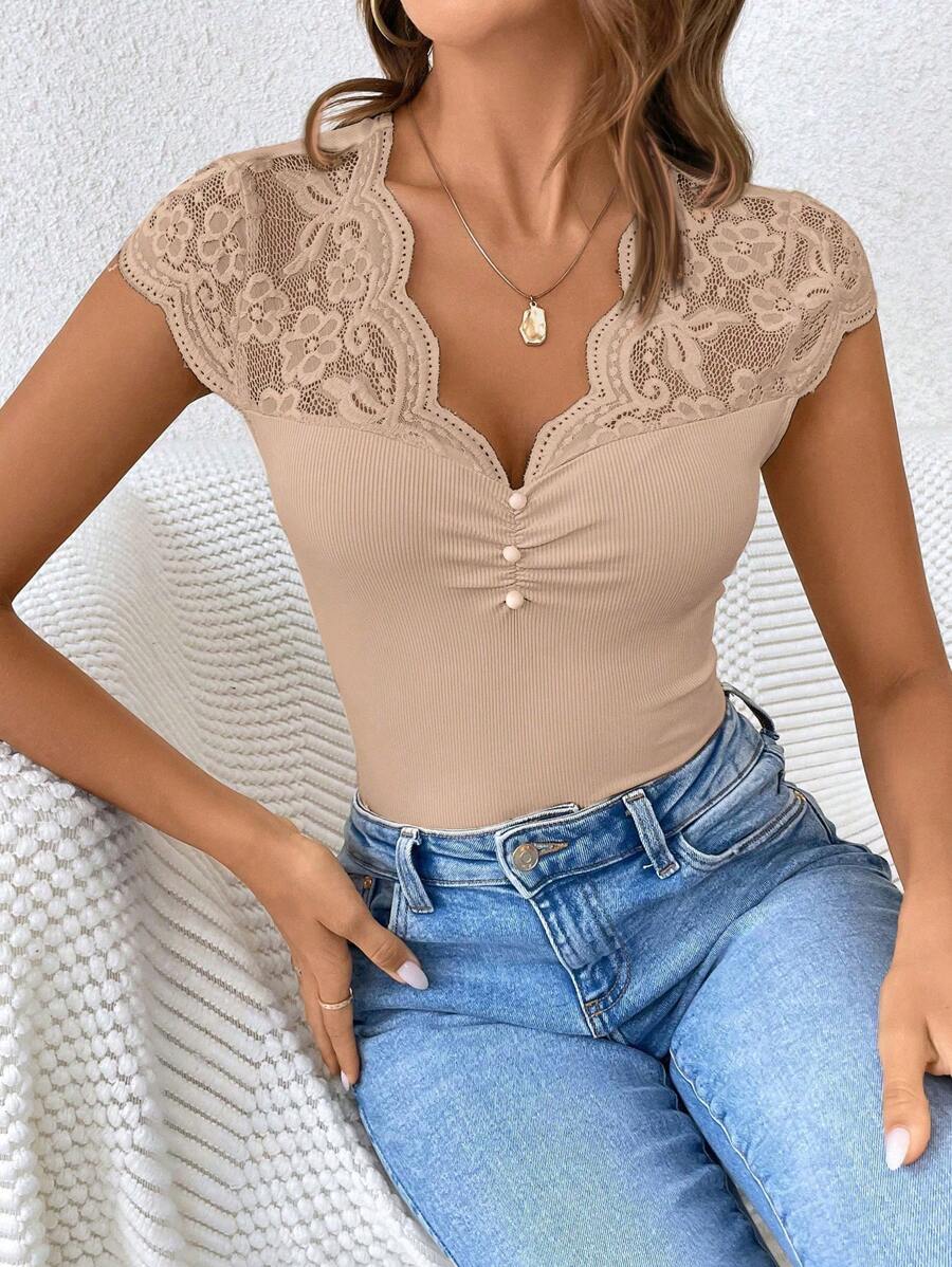 Women's Lace Patchwork Sheer Fabric Casual Black Summer T-Shirt - Image 13