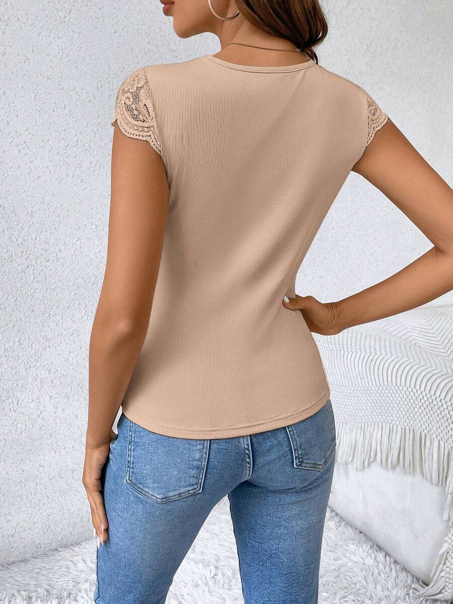 Women's Lace Patchwork Sheer Fabric Casual Black Summer T-Shirt - Image 14