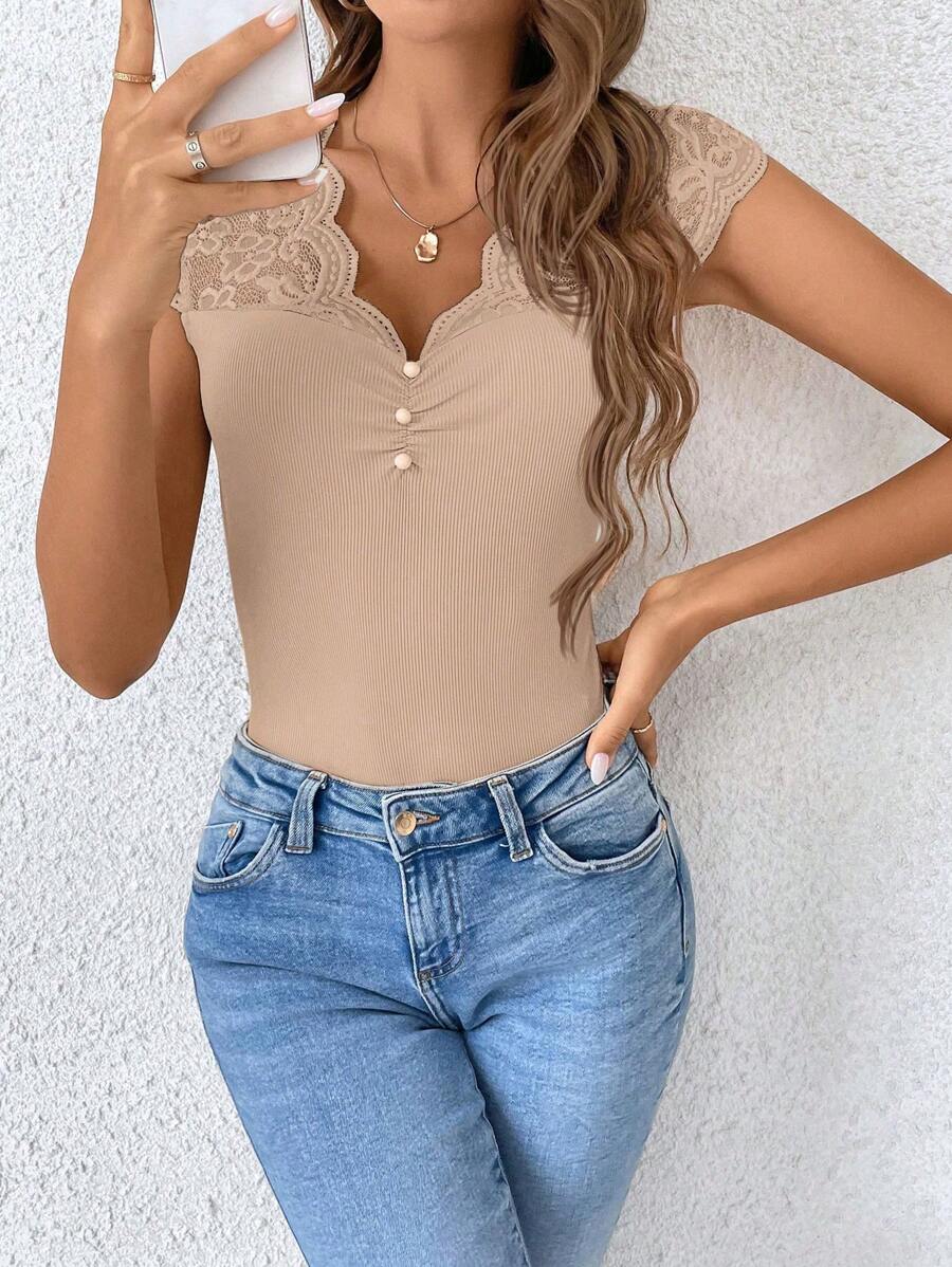 Women's Lace Patchwork Sheer Fabric Casual Black Summer T-Shirt - Image 16