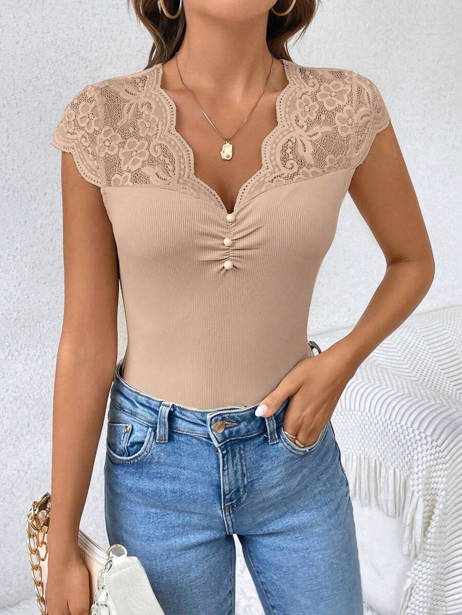 Women's Lace Patchwork Sheer Fabric Casual Black Summer T-Shirt - Image 17