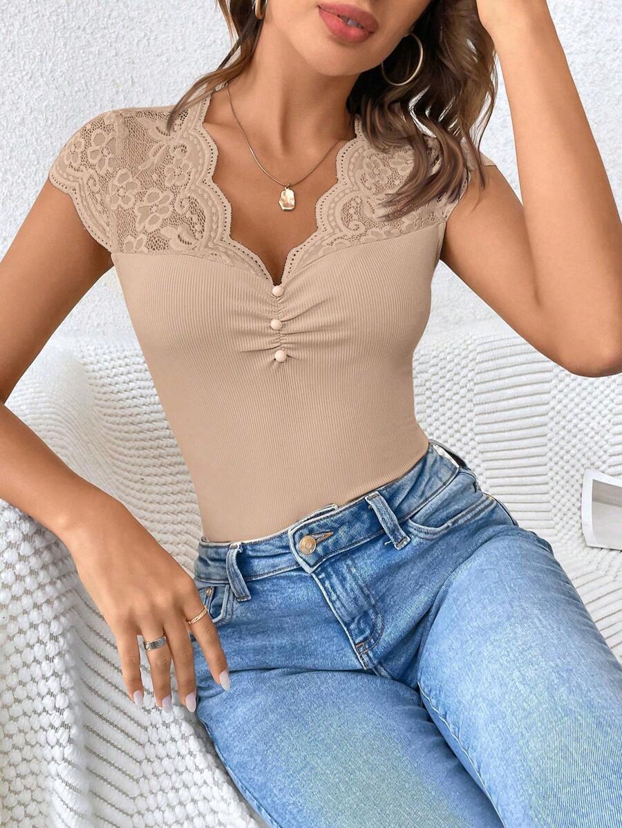 Women's Lace Patchwork Sheer Fabric Casual Black Summer T-Shirt - Image 18