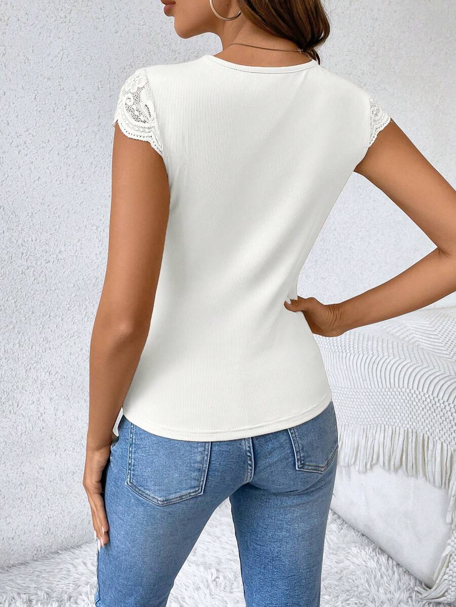 Women's Lace Patchwork Sheer Fabric Casual Black Summer T-Shirt - Image 2