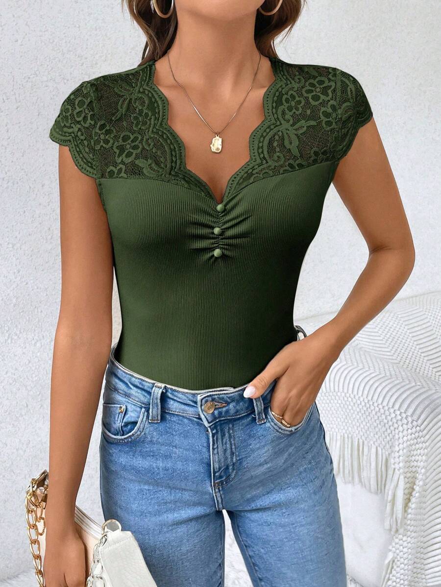 Women's Lace Patchwork Sheer Fabric Casual Black Summer T-Shirt - Image 22