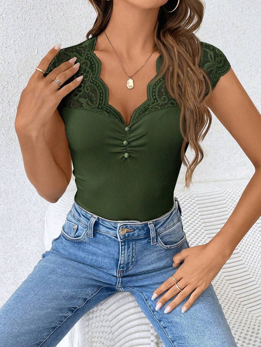 Women's Lace Patchwork Sheer Fabric Casual Black Summer T-Shirt - Image 23