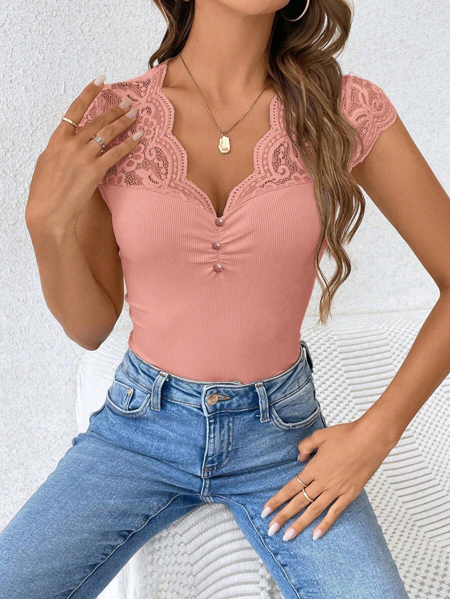 Women's Lace Patchwork Sheer Fabric Casual Black Summer T-Shirt - Image 27