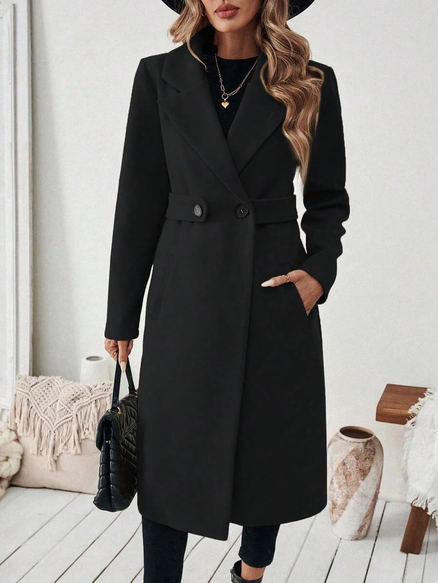 SHEIN Halloween Women's Notched Collar Camel Overcoat With Belt Long Coat Fall Coat (FD) - Image 11