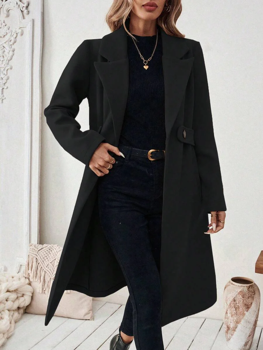 SHEIN Halloween Women's Notched Collar Camel Overcoat With Belt Long Coat Fall Coat (FD) - Image 12