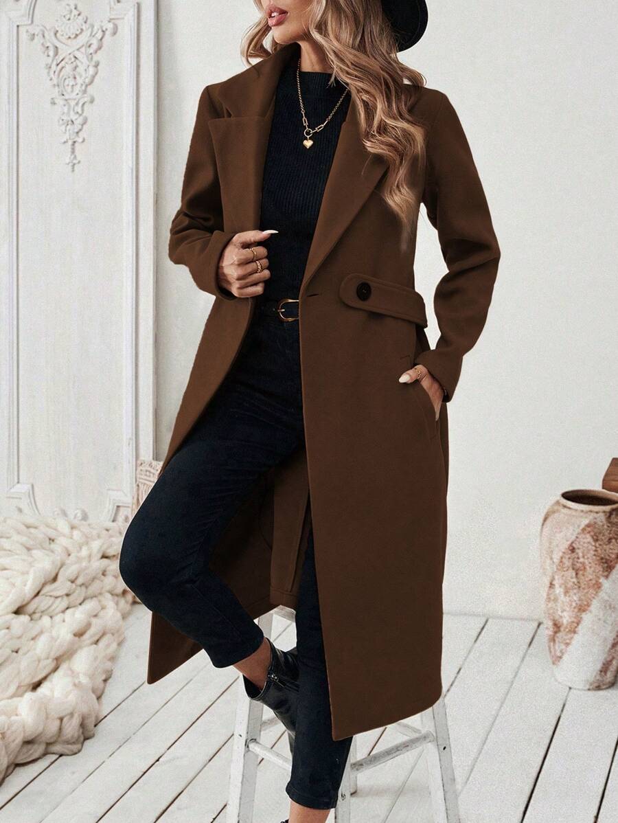 SHEIN Halloween Women's Notched Collar Camel Overcoat With Belt Long Coat Fall Coat (FD) - Image 13