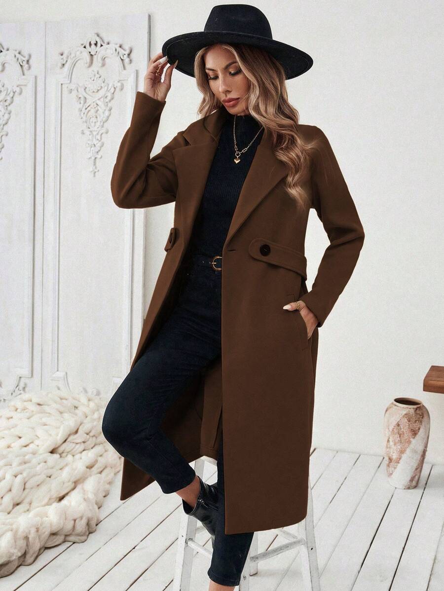 SHEIN Halloween Women's Notched Collar Camel Overcoat With Belt Long Coat Fall Coat (FD) - Image 15