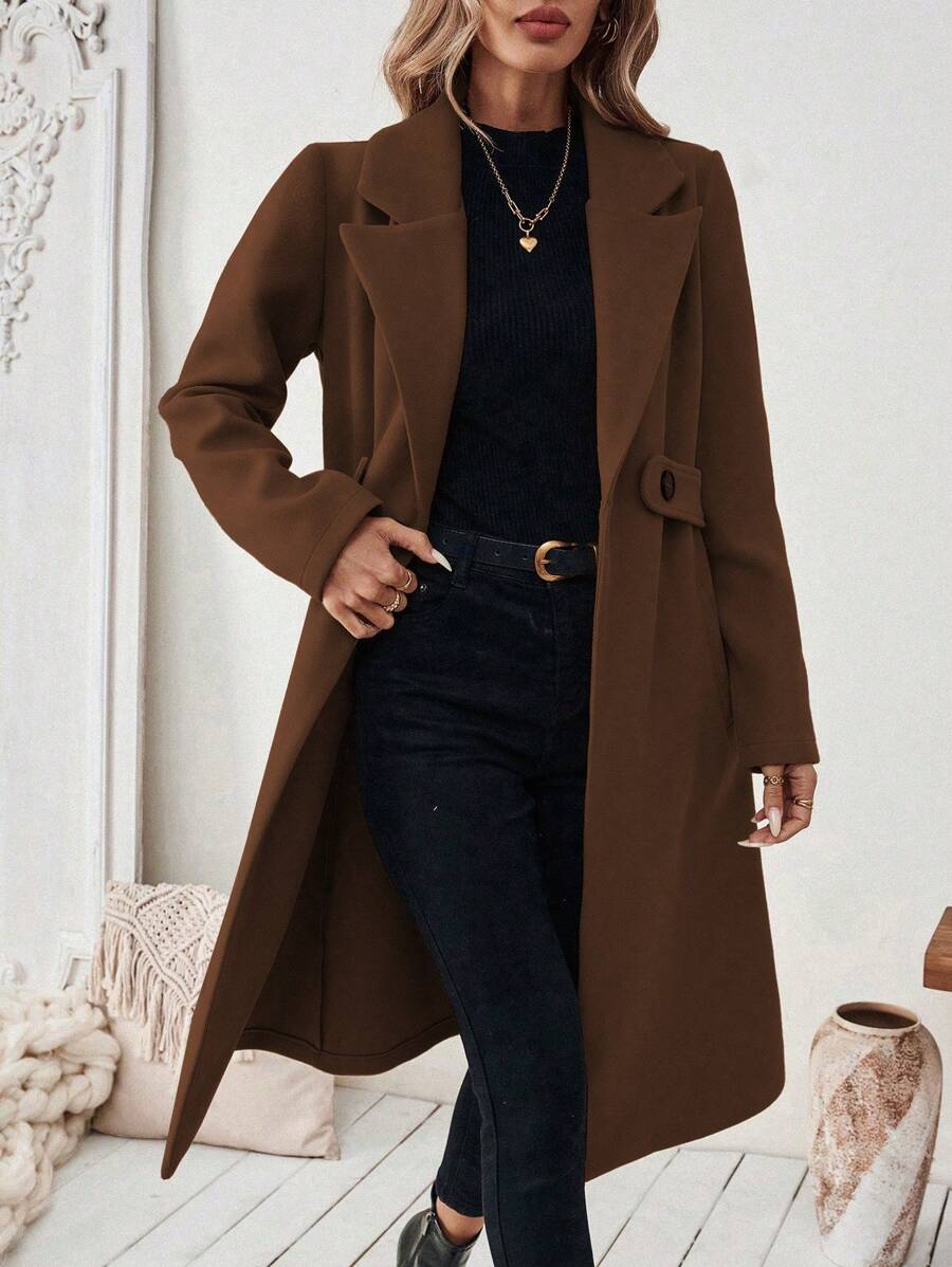 SHEIN Halloween Women's Notched Collar Camel Overcoat With Belt Long Coat Fall Coat (FD) - Image 16