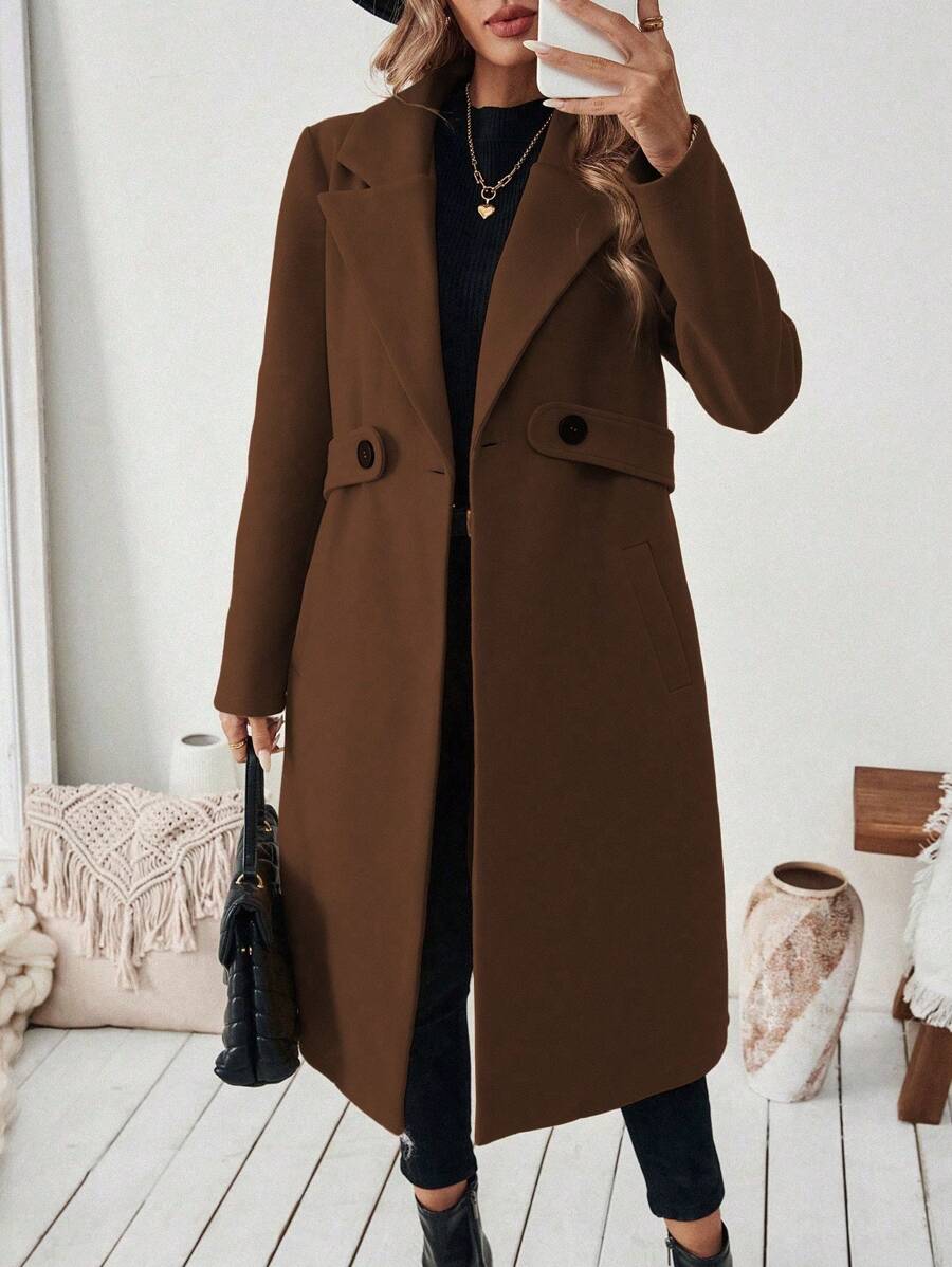 SHEIN Halloween Women's Notched Collar Camel Overcoat With Belt Long Coat Fall Coat (FD) - Image 17