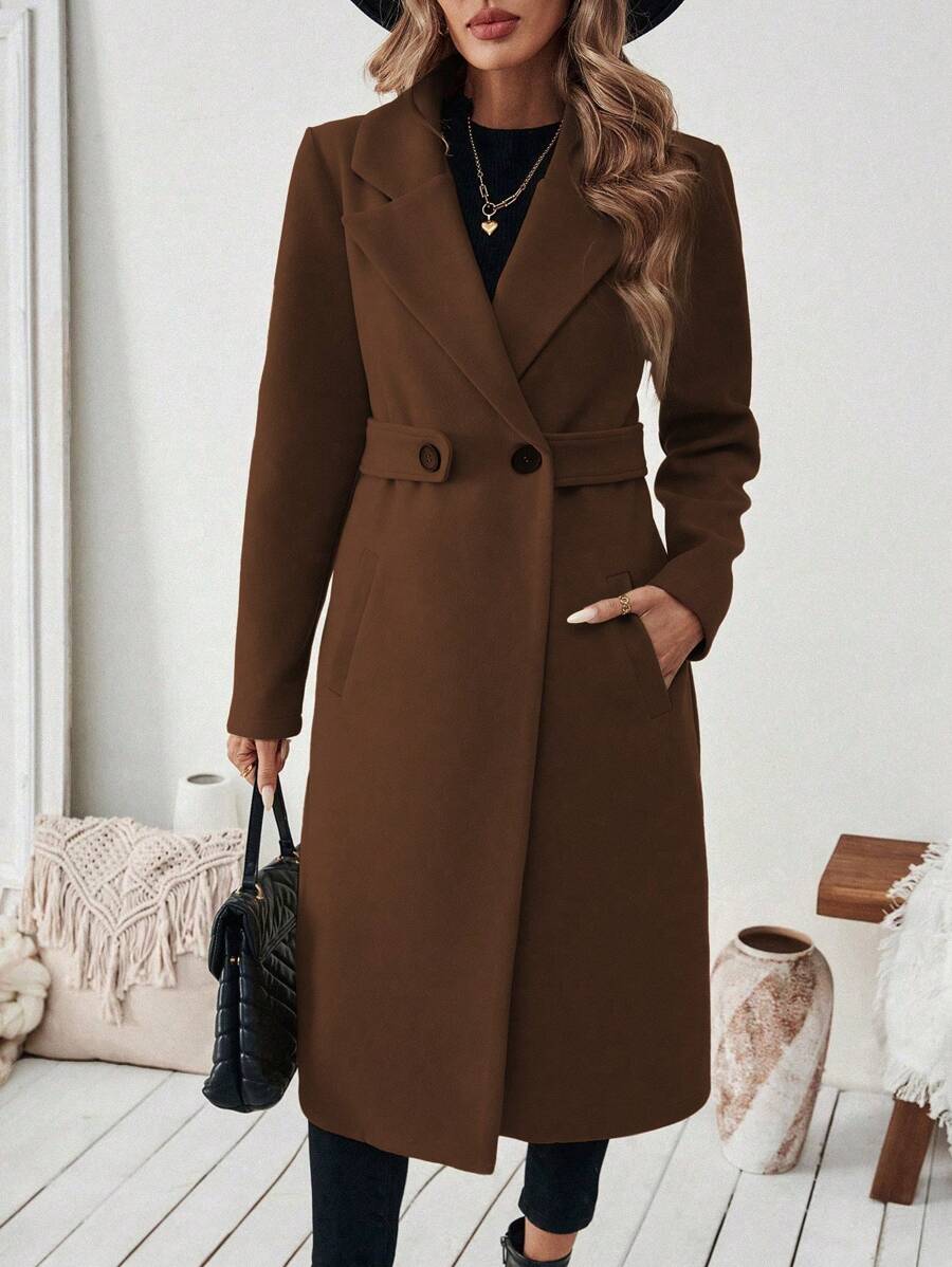 SHEIN Halloween Women's Notched Collar Camel Overcoat With Belt Long Coat Fall Coat (FD) - Image 18