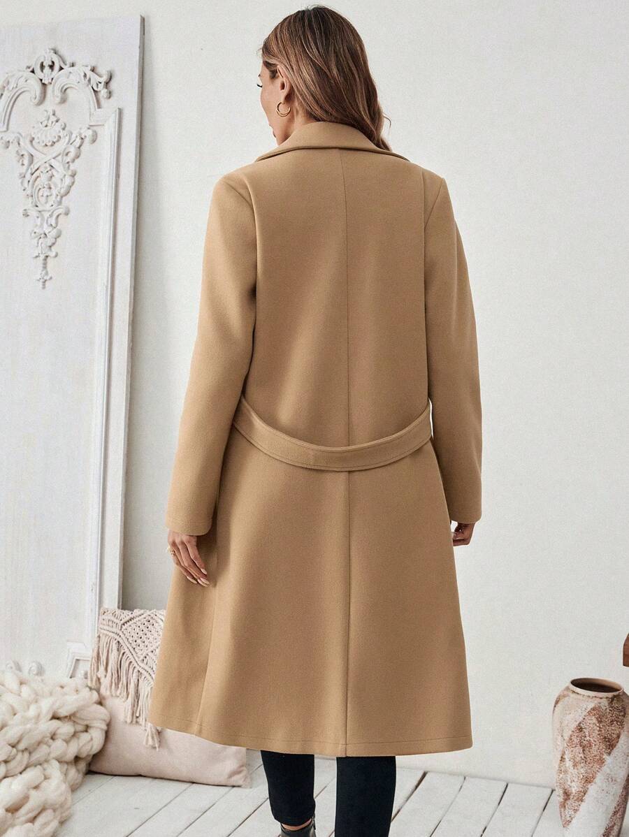 SHEIN Halloween Women's Notched Collar Camel Overcoat With Belt Long Coat Fall Coat (FD) - Image 2