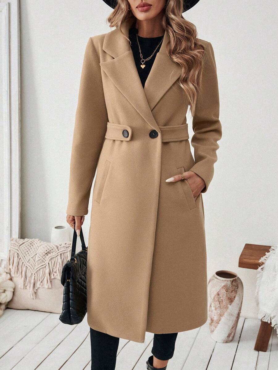 SHEIN Halloween Women's Notched Collar Camel Overcoat With Belt Long Coat Fall Coat (FD) - Image 3