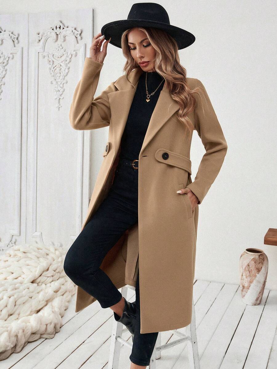 SHEIN Halloween Women's Notched Collar Camel Overcoat With Belt Long Coat Fall Coat (FD) - Image 4