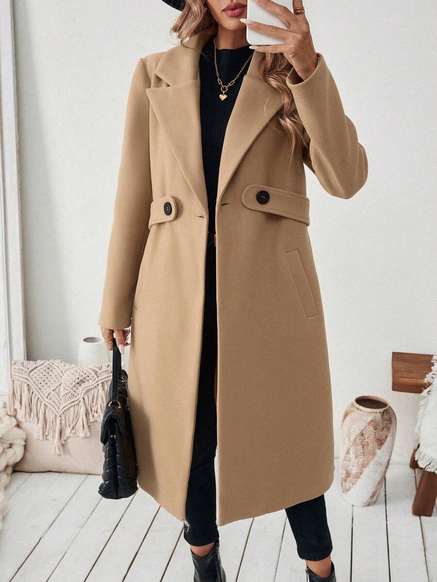 SHEIN Halloween Women's Notched Collar Camel Overcoat With Belt Long Coat Fall Coat (FD) - Image 5