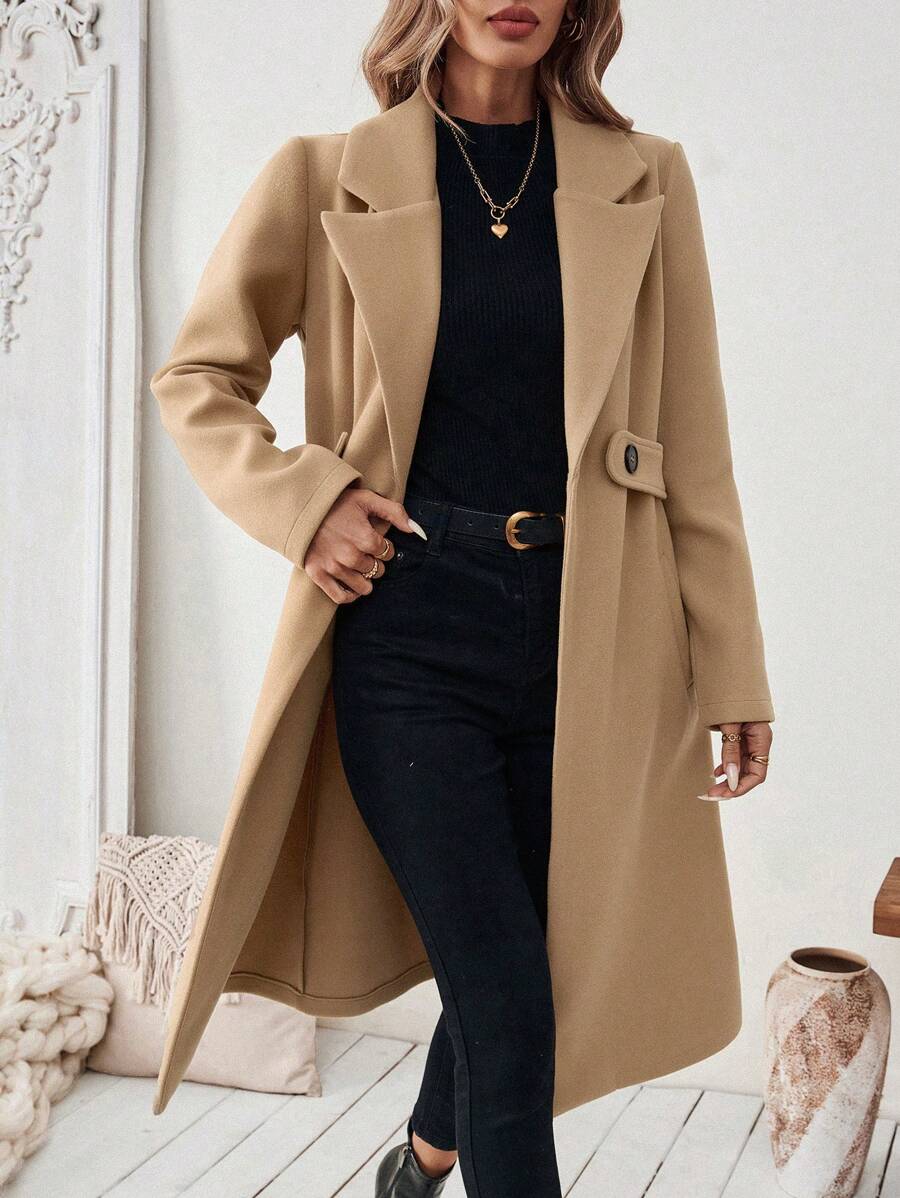 SHEIN Halloween Women's Notched Collar Camel Overcoat With Belt Long Coat Fall Coat (FD) - Image 6