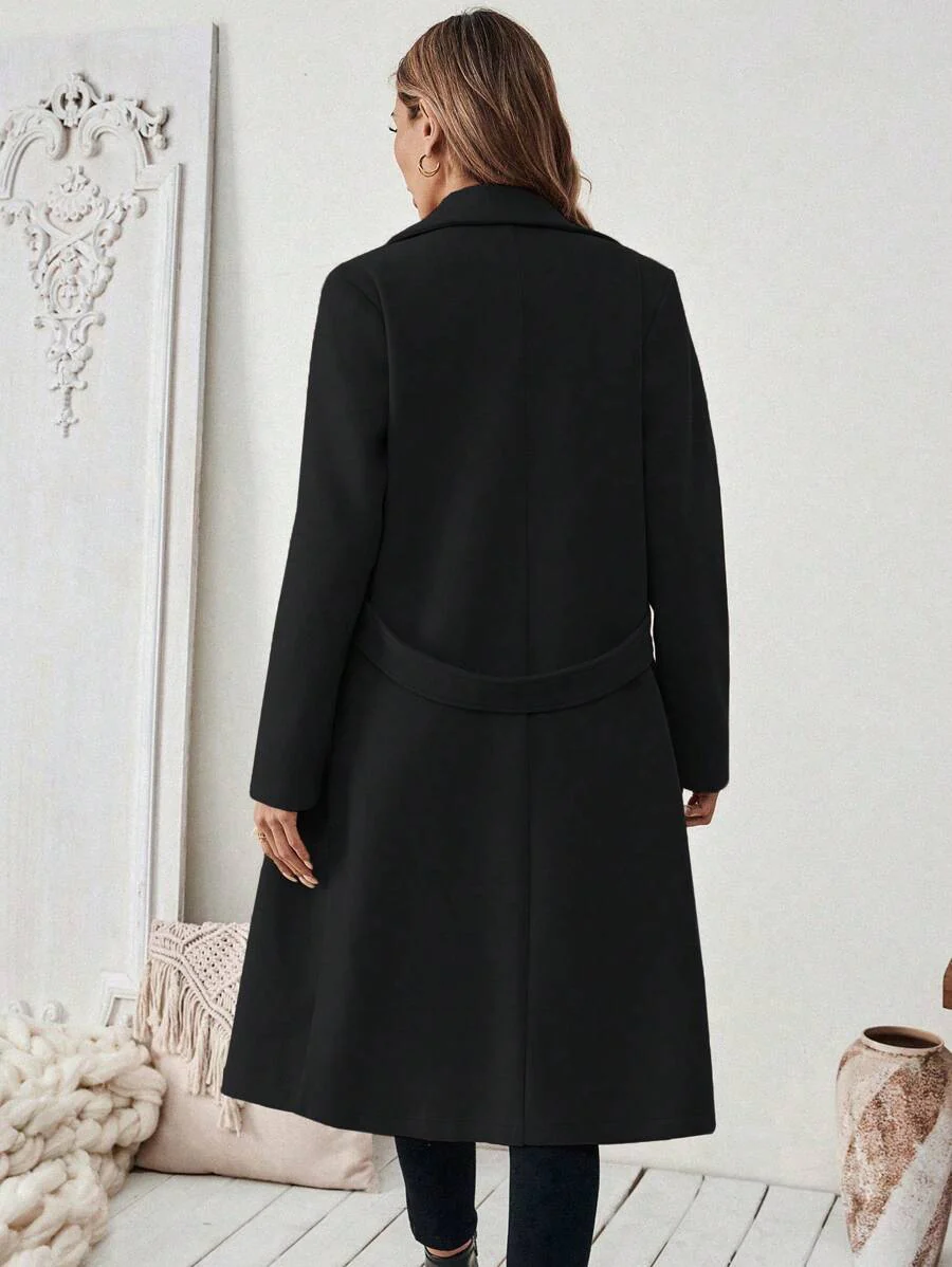 SHEIN Halloween Women's Notched Collar Camel Overcoat With Belt Long Coat Fall Coat (FD) - Image 8