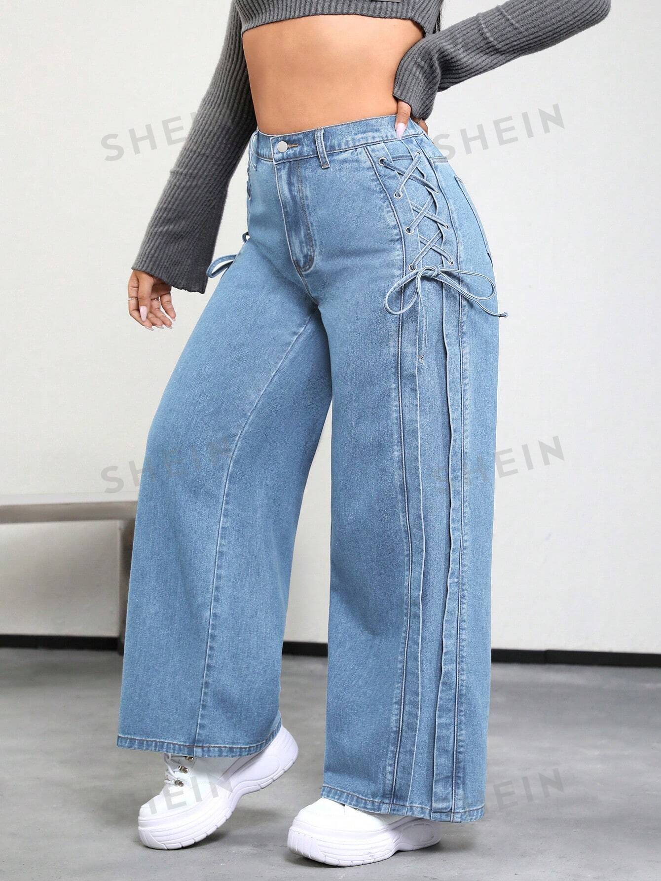 SHEIN ICON Plus Lace Up Side Wide Leg Jeans - Image 3